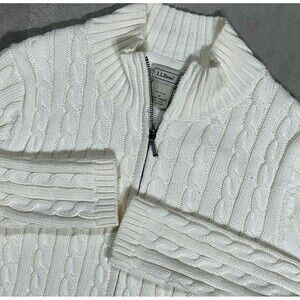 LL Bean Sweater Womens Medium Double L Cable Knit Full Zip Cotton Cardigan Cream